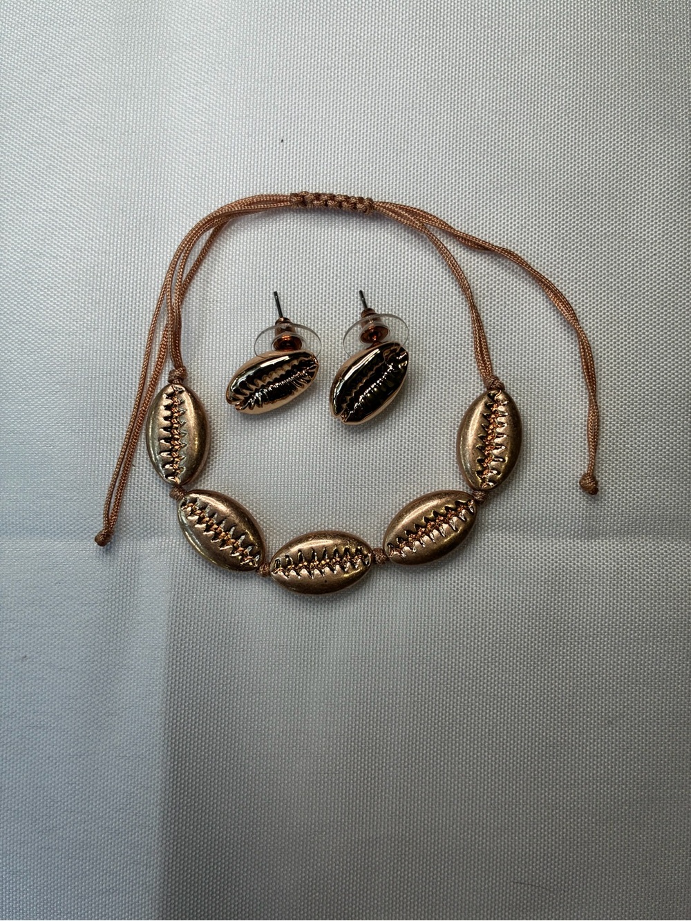 Gold Cowrie Shell Jewelry Set | Adjustable Cord Bracelet & Stud Earrings - Picture 2 of 6
